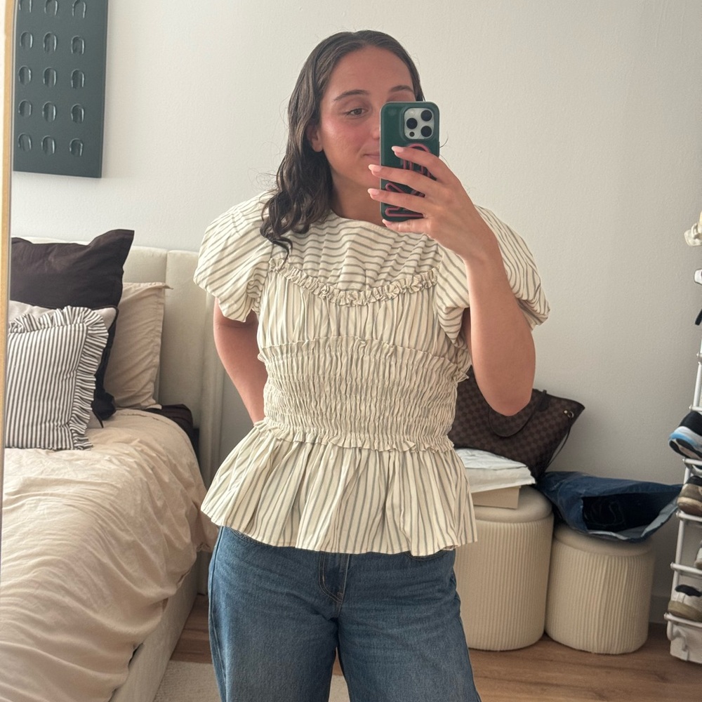 Anthropologie Cream Blouse with Gray Pinstripes - Picture 3 of 4